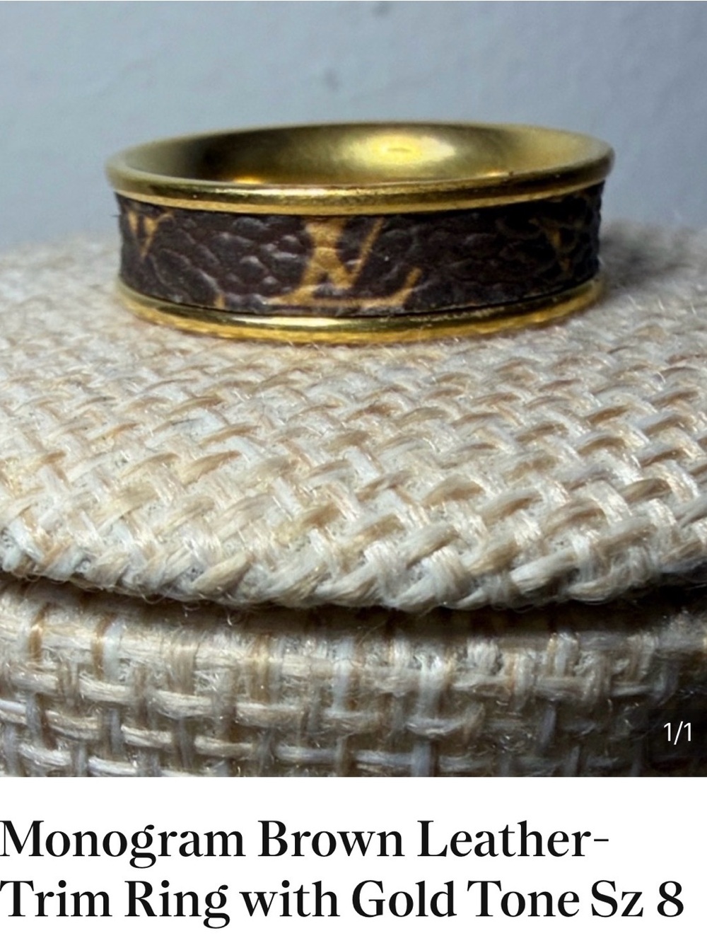 Monogram Brown Leather-Trim Ring with Gold Tone Sz 8